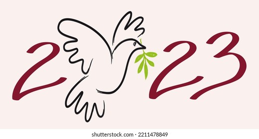 Line illustration dove and an olive branch  to wish year 2023 under the utopian sign peace in the world 