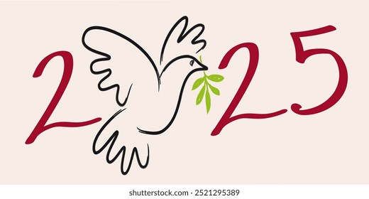 Line illustration of a dove with an olive branch, to wish a year 2025 under the utopian sign of peace in the world.