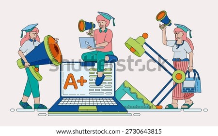 Line illustration of educational software for digital learning online study system and five star performance results. Can be used for banner flayer website ads social media