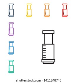 Line illustration of eight color styles Aeropress icon. Device for brewing coffee.