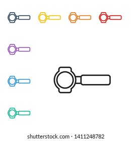 Line illustration of eight color styles Filter holder with ground coffee. Portafilter symbol