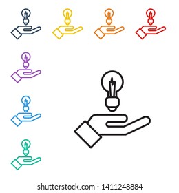 Line illustration of eight color styles Light Bulb icon. Lighting Electric lamp. Electricity, shine.