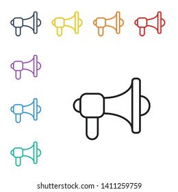 Line illustration of eight color styles Megaphone, loudspeaker, mouthpiece symbol icon.