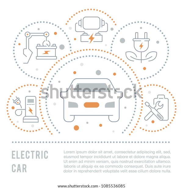 Line illustration of electric car. Concept for web\
banners and printed materials. Template for website banner and\
landing page.