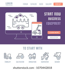 Line illustration of equipment. Concept for web banners and printed materials. Template with buttons for website banner and landing page.