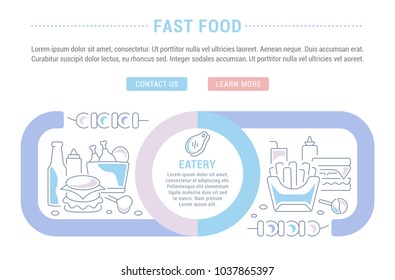 Line illustration of fast food. Concept for web banners and printed materials. Template with buttons for website banner and landing page.