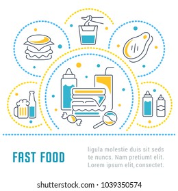 Line illustration of fast food. Concept for web banners and printed materials. Template for website banner and landing page.