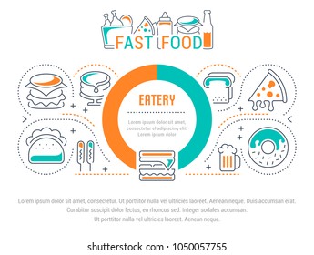 Line illustration of fast food. Concept for web banners and printed materials. Template for website banner and landing page.