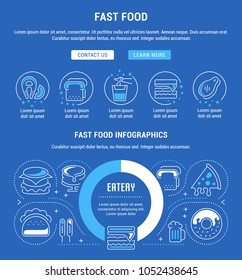 Line illustration of fast food. Concept for web banners and printed materials. Template with buttons for website banner and landing page.