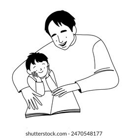 ilustración de línea, padre leyendo un libro a su hijo. Ilustración vectorial