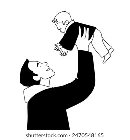 line illustration, father tossing son in the air. Vector illustration