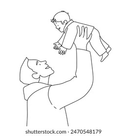 line illustration, father tossing son in the air. Vector illustration