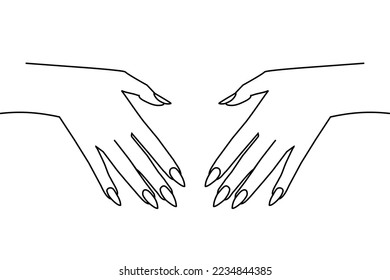 Line illustration of female hands with long nails. Minimalist contour art. Can be used for nail salons, manicure business, cosmetics stores, nail polish advertisement, designs, posters. Hand care