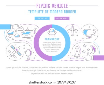Line illustration of flying vehicle. Concept for web banners and printed materials. Template with buttons for website banner and landing page.