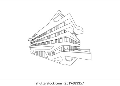 Ilustração em linha do edifício da Universidade FOM no Toulouser Allee em Düsseldorf, Alemanha