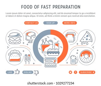 Line illustration of food of fast preparation. Concept for web banners and printed materials. Template with buttons for website banner and landing page.