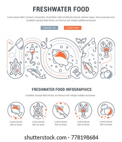 Line illustration of freshwater food. Concept for web banners and printed materials. Template with buttons for website banner and landing page.