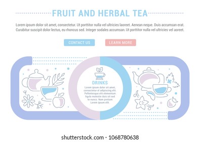 Line illustration of fruit and herbal tea. Concept for web banners and printed materials. Template with buttons for website banner and landing page.