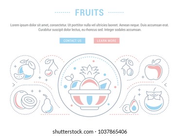 Line illustration of fruits. Concept for web banners and printed materials. Template with buttons for website banner and landing page.