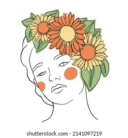 Line illustration of girl with sunflowers in her hair