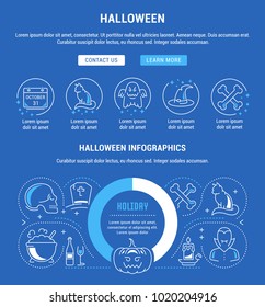 Line illustration of halloween. Concept for web banners and printed materials. Template with buttons for website banner and landing page.