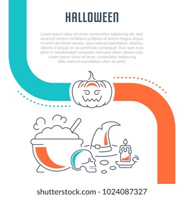 Line illustration of halloween. Concept for web banners and printed materials. Template with buttons for website banner and landing page.