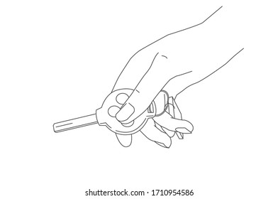 Line illustration of hand holding a car key and pressing button to open, key of round shape with trinket