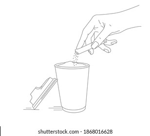 Line Illustration Of Hand Pouring Sugar From Sugar Stick Into Paper Cup, Coffee Or Tea Hot Beverage Ready To Go, Sketch Graphic