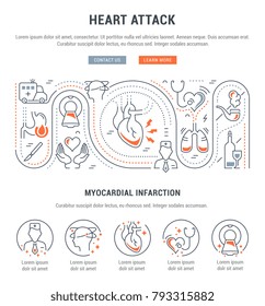 Line illustration of heart attack. Concept for web banners and printed materials. Template with buttons for website banner and landing page.