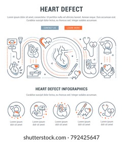 Line illustration of heart defect. Concept for web banners and printed materials. Template with buttons for website banner and landing page.