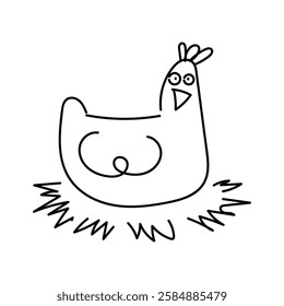 A line illustration of a hen sitting in a nest. Doodle chicken. Isolated on white