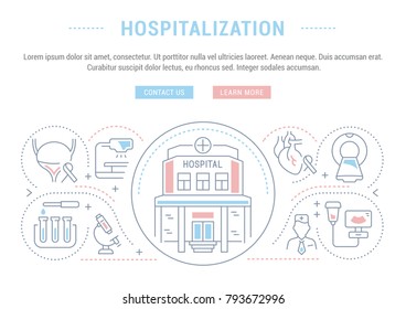 Line illustration of hospitalization. Concept for web banners and printed materials. Template with buttons for website banner and landing page.