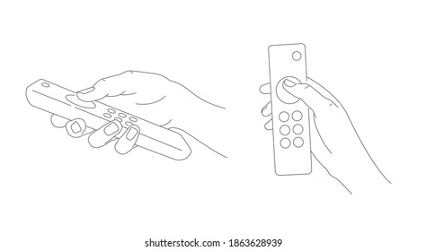 Line illustration of human hand holding remote control and pressing button, sketch graphic, different positions, isolated set of hand gestures