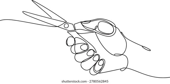 Line illustration of human hand holding scissors-continuous line drawing. one line Icon drawing
