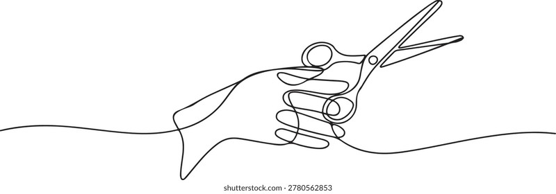 Line illustration of human hand holding scissors-continuous line drawing. one line Icon drawing
