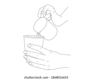 Line illustration human hands pouring milk hot water from milk shaker into paper cup  barista making coffee latte  hand drawn sketch graphic