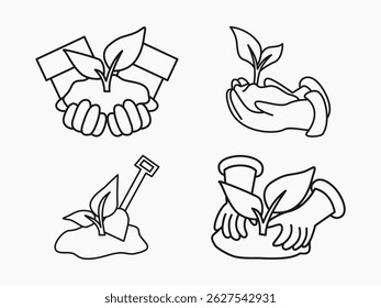 Ícone de ilustração de linha conjunto de árvores de plantio e plantas em crescimento. Perfeito para necessidades visuais de sustentabilidade, meio ambiente e projeto ecológico.