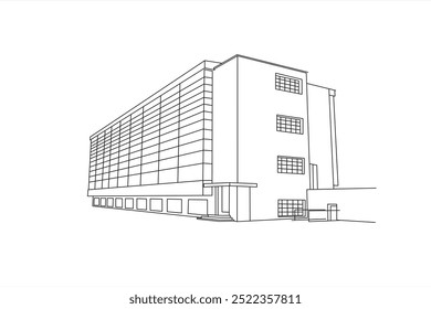 Line illustration of the iconic Bauhaus building in Dessau-Roßlau, Saksen-Anhalt, Germany