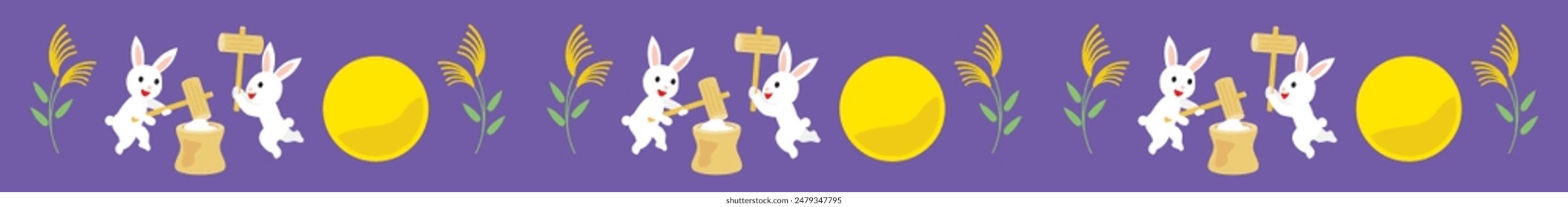 Line illustration of Japanese Tsukimi or moon viewing. Rabbit making rice cake