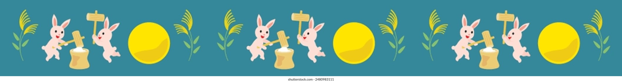 Line illustration of Japanese Tsukimi or moon viewing. Rabbit making rice cake