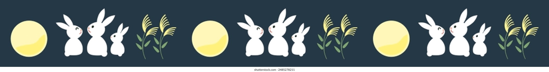 Line illustration of Japanese Tsukimi or moon viewing. Rabbit, moon and pampas grass