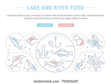 Line illustration of lake and river food. Concept for web banners and printed materials. Template with buttons for website banner and landing page.