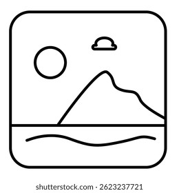 Line Illustration of a Lake Scene with a Single Mountain, Sun, and Small Cloud