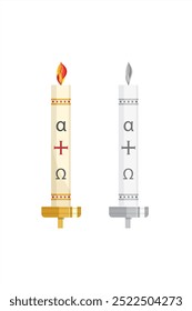 Line illustration of a large Paschal wax candle in a candlestick on a white background. Used in liturgies in Western Christianity. Colour and black.