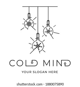 Line illustration of light bulb with snowflakes inside. Can be used as logo or brand identity element. Good for coffee shops, coworking spaces, business, technological, scientific projects.