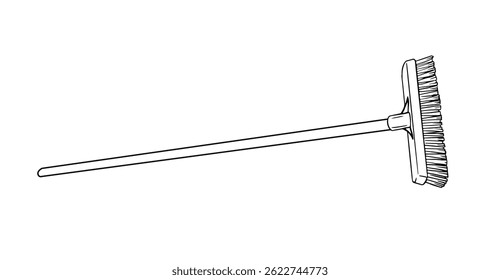 Ilustração em linha de um pincel de piso com manobra longa. Ideal para varrer grandes áreas, como pátios, pisos ou entradas de garagem. Adequado para limpar imagens e ícones.