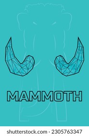 Line Illustration of Mammoth with Big Tusks - Black Aqua, Ice 3D Tusks, Named, Vector.