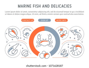 Line illustration of marine fish and delicacies. Concept for web banners and printed materials. Template with buttons for website banner and landing page.