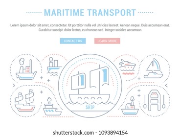 Line illustration of maritime transport. Concept for web banners and printed materials. Template with buttons for website banner and landing page.