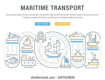 Line illustration of maritime transport. Concept for web banners and printed materials. Template with buttons for website banner and landing page.